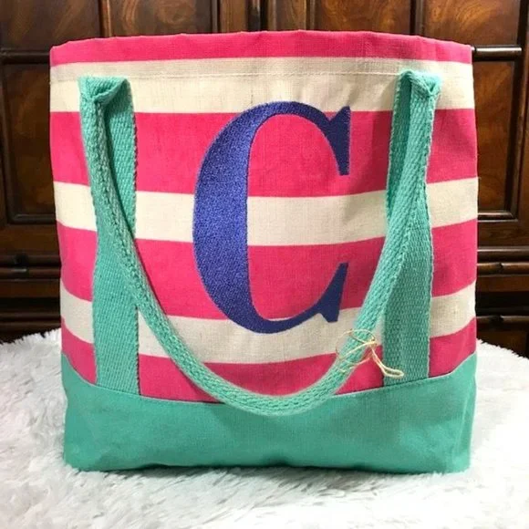 Mud Pie Initial C Cabana Stripe Pink Aqua Periwinkle Canvas Tote - Picture 1 of 10
